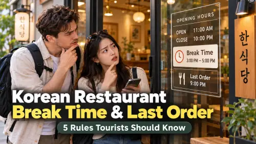 Two travelers checking a Korean restaurant's opening hours, afternoon break time, and last order sign at the entrance.