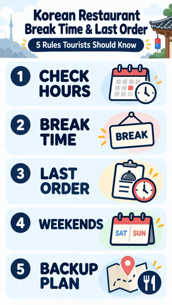 Infographic showing five Korean restaurant rules: check opening hours, break time, last order, weekend schedules, and backup dining options.