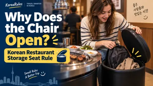 Traveler at a Korean BBQ restaurant opening a storage chair and placing a backpack and coat inside.