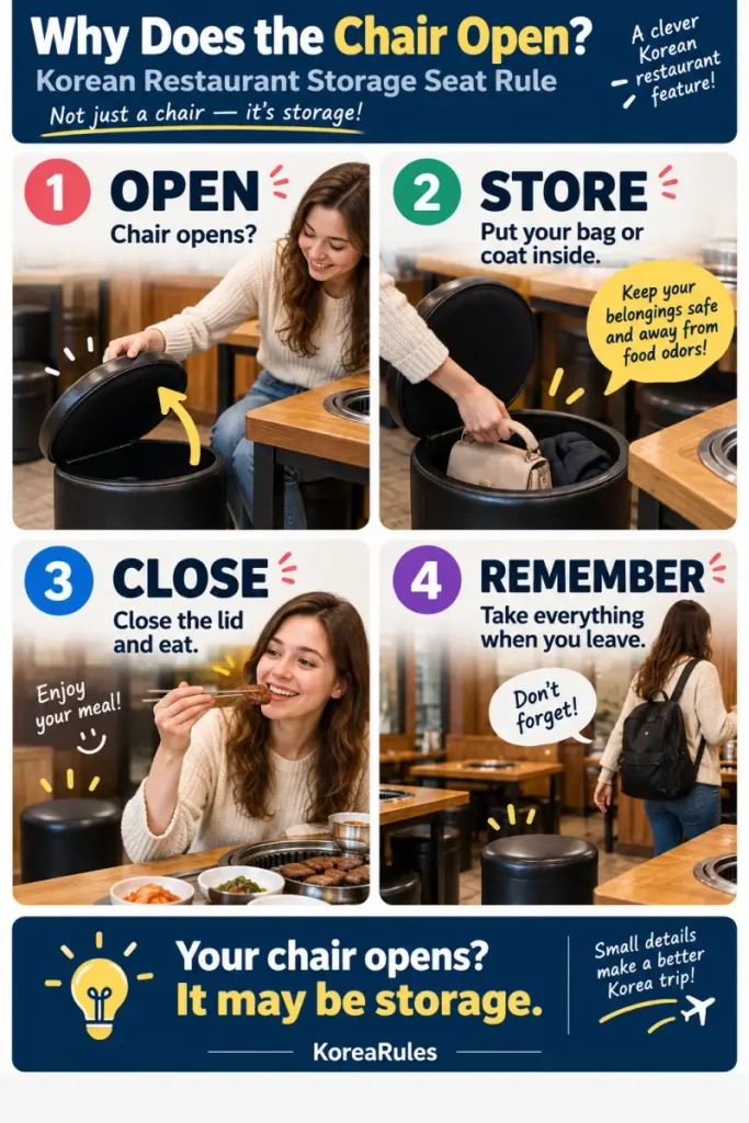 Mobile infographic explaining the Korean restaurant storage chair rule: open the seat, store your bag or coat, close it, and remember your belongings when leaving.