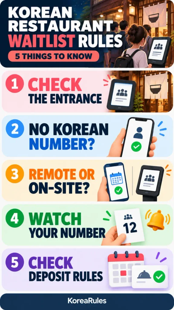 Vertical infographic showing five Korean restaurant waitlist rules: check the entrance, use CATCHTABLE Global, choose remote or on-site waiting, watch your queue number, and check deposit conditions.