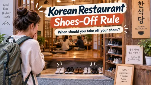 Traveler checking shoes and a shoe rack at the entrance of a traditional Korean restaurant before entering the raised dining area.