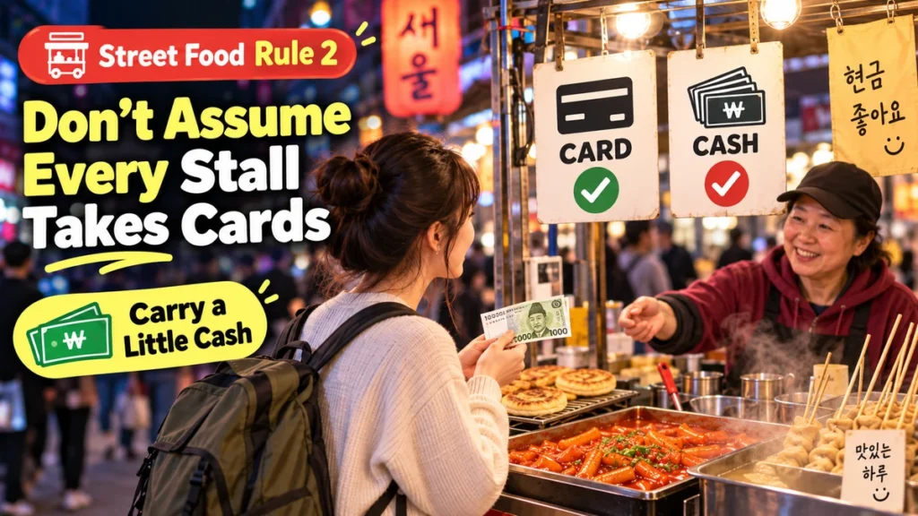 Tourist paying cash at a Korean street food stall