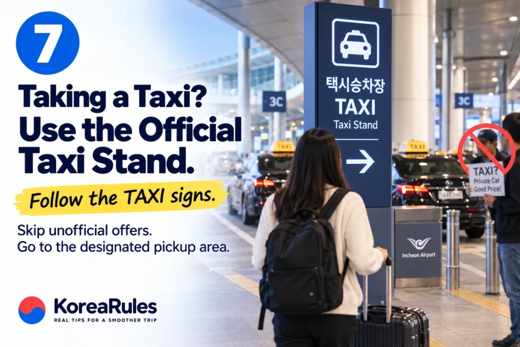 Traveler following signs to the official taxi stand at Incheon Airport