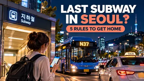 Traveler in Seoul at night comparing the last subway, an N37 night bus, and a taxi to get back to their hotel.