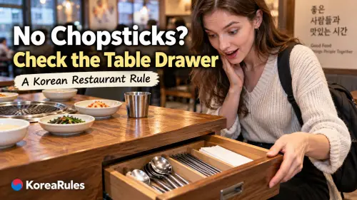 Traveler at a Korean restaurant opening a table drawer and finding metal spoons, chopsticks, and napkins inside.