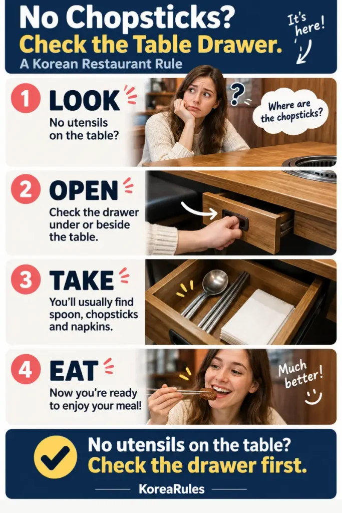 Mobile infographic showing the Korean restaurant table drawer rule: look for the drawer, open it, take the utensils, and enjoy the meal.