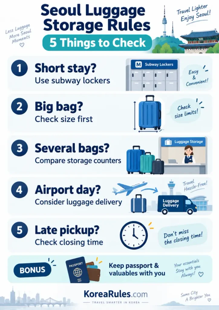 Mobile infographic showing five rules for luggage storage in Seoul: use lockers for short stays, check suitcase size, compare larger storage, consider airport delivery, and check closing time.