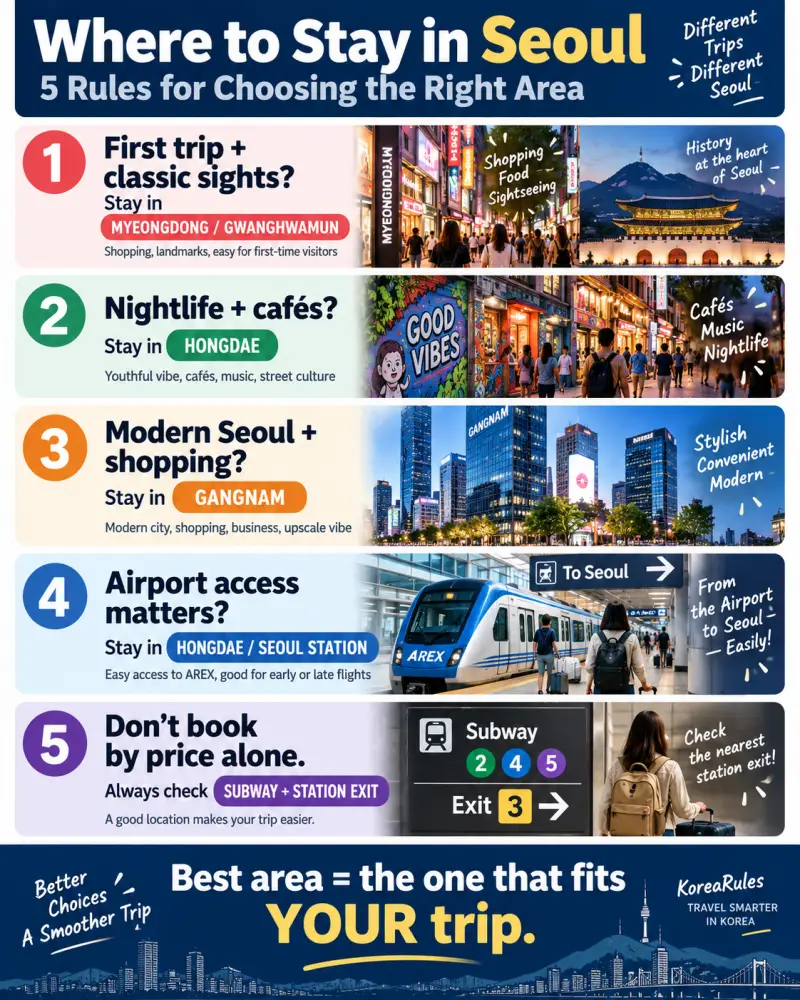 Infographic showing five rules for choosing where to stay in Seoul, including Myeongdong, Jongno, Hongdae, Gangnam, Seoul Station, and subway access.