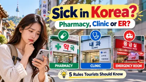 Traveler in Korea deciding whether to visit a pharmacy, medical clinic, or emergency room while checking medical information on a smartphone.