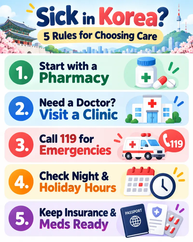 Vertical infographic showing five medical care rules for travelers in Korea: choose a pharmacy or clinic, find international medical care, call 119 for emergencies, check opening hours, and keep medical information ready.