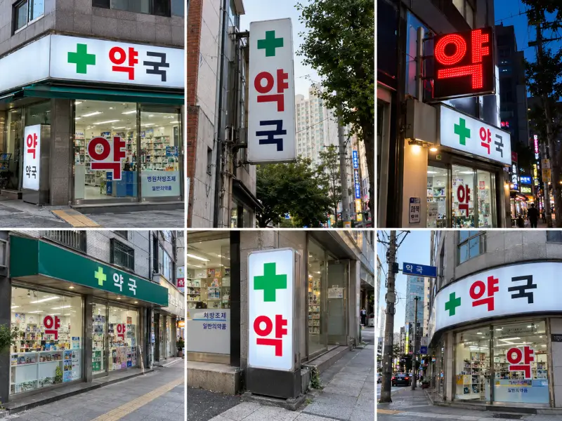 Examples of Korean pharmacy signs on city streets in Korea