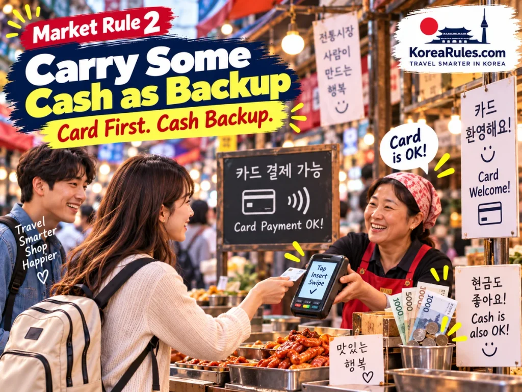 Traveler paying by card at a Korean traditional market while carrying cash as a backup