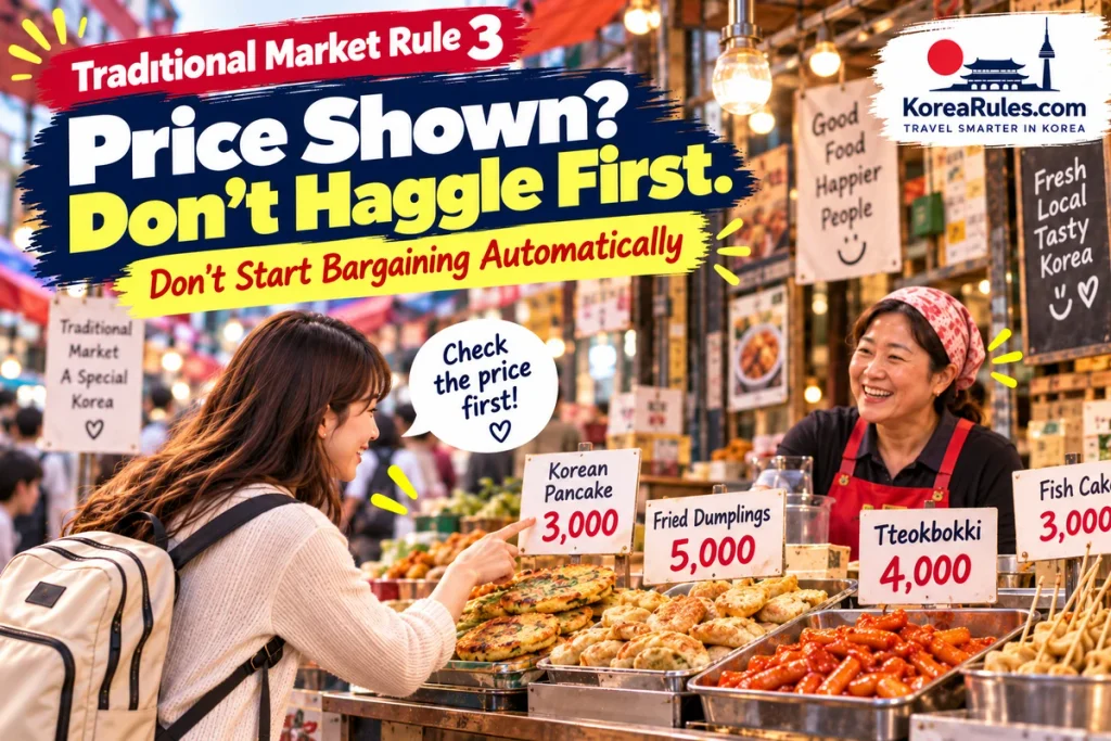 Traveler checking displayed prices instead of automatically bargaining at a Korean traditional market