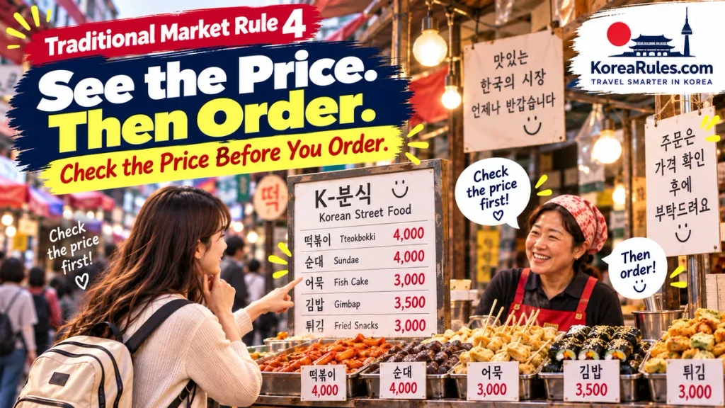 Traveler checking food prices before ordering at a Korean traditional market stall