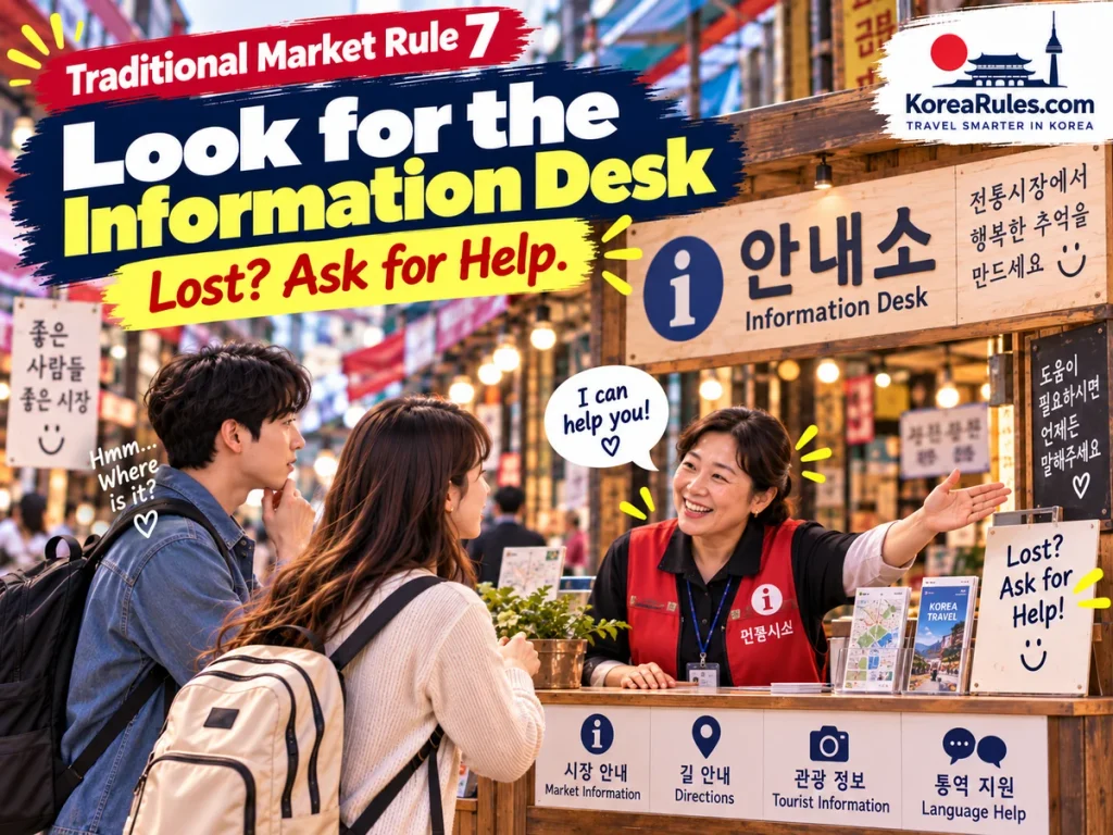 Travelers asking for help at an information desk inside a Korean traditional market