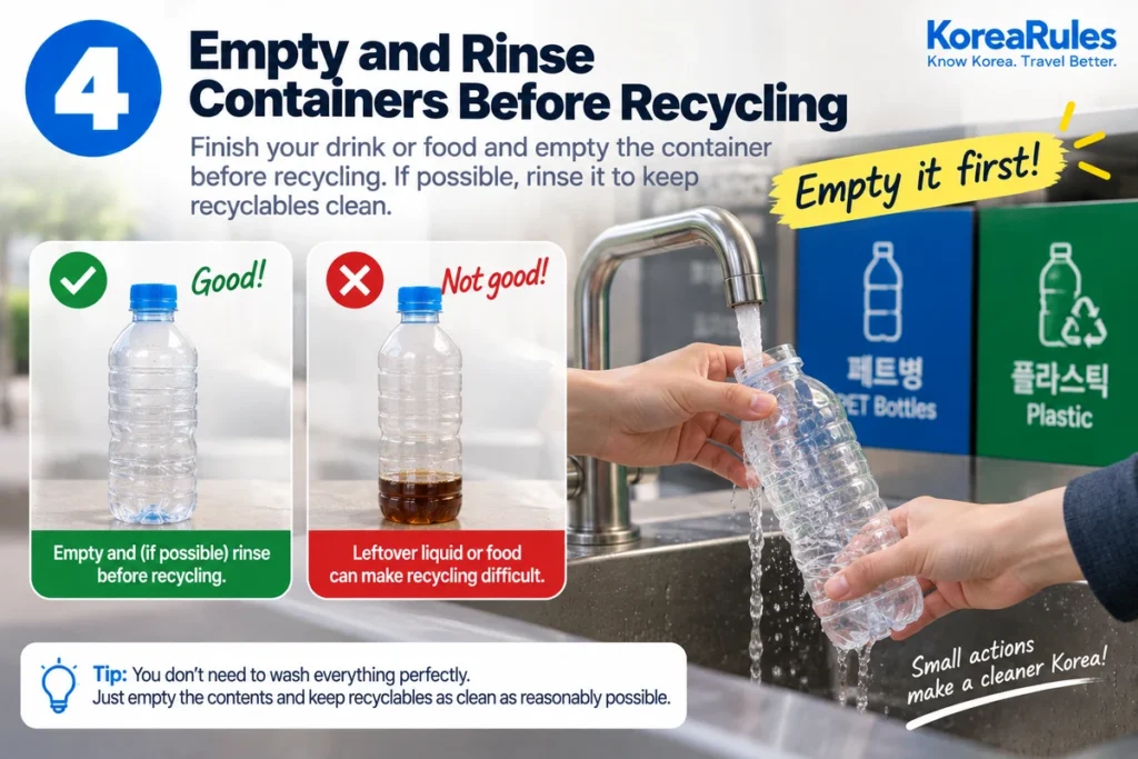 Emptying and rinsing a plastic bottle before recycling in Korea
