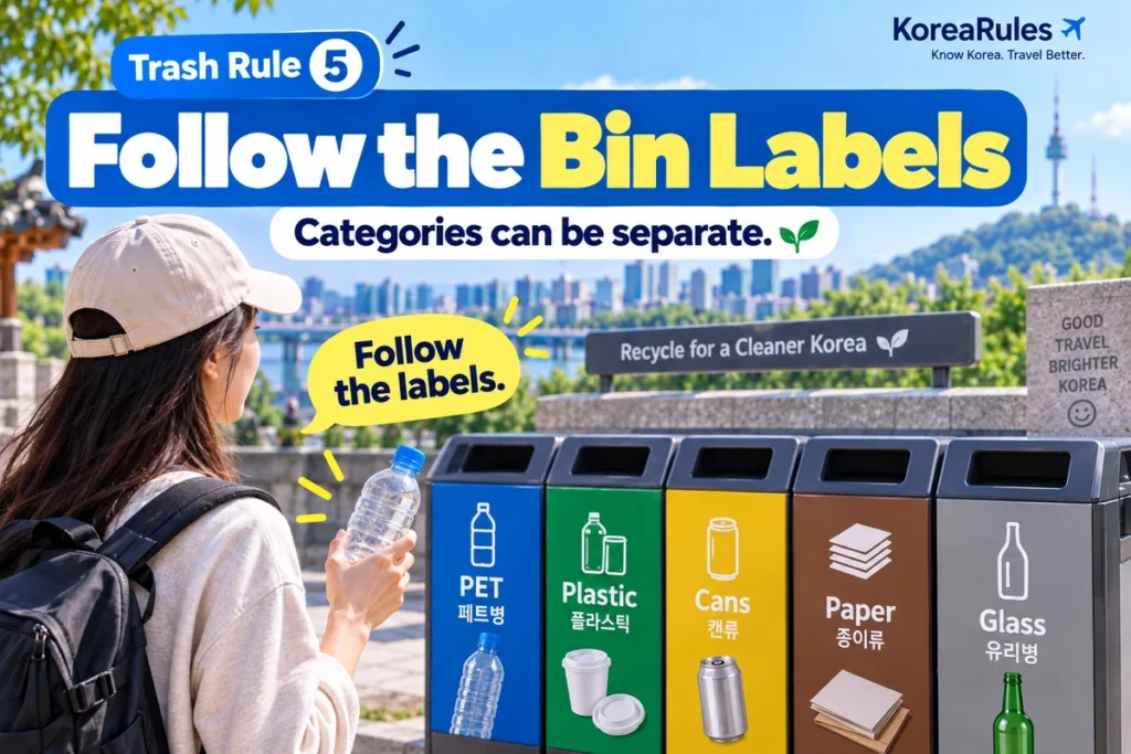 Separate recycling bins labeled for PET plastic cans paper and glass in Korea