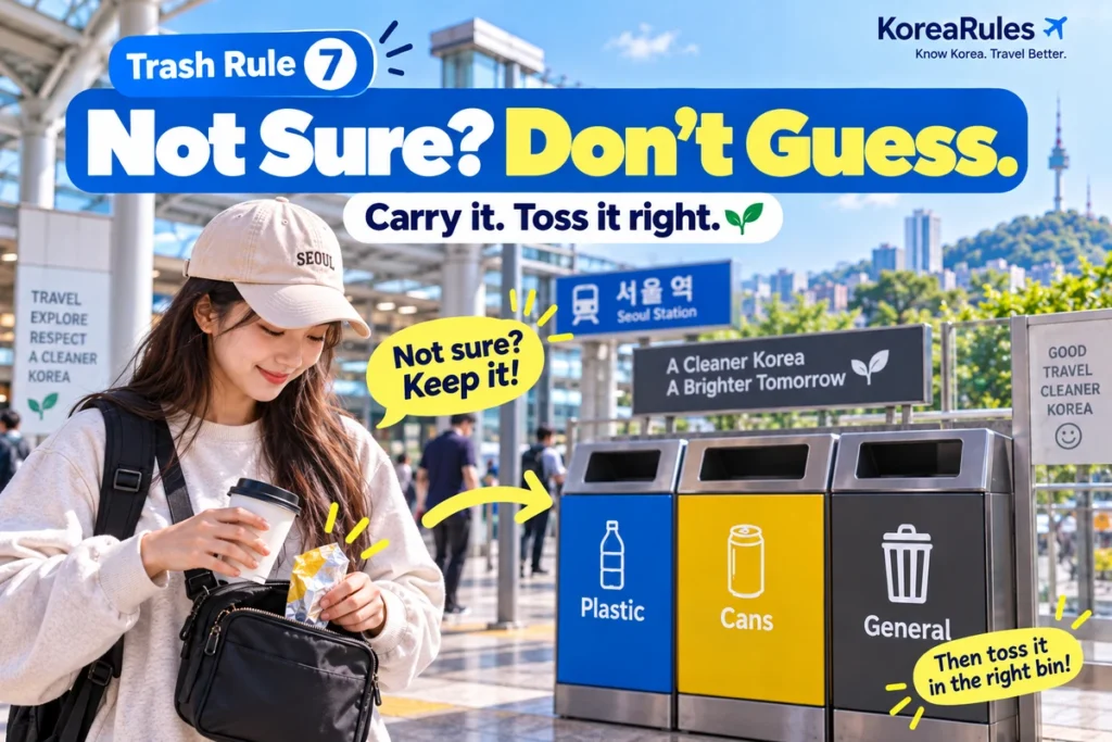 Traveler keeping trash until finding the correct recycling bin in Korea