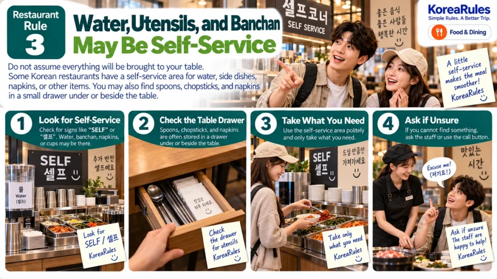 Self-service area for water utensils and side dishes at a Korean restaurant
