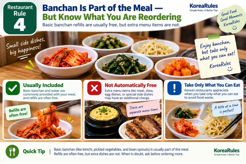 Korean banchan side dishes and the difference between free refills and extra menu items