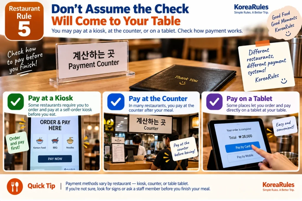 Different payment methods at Korean restaurants including kiosk counter and table tablet