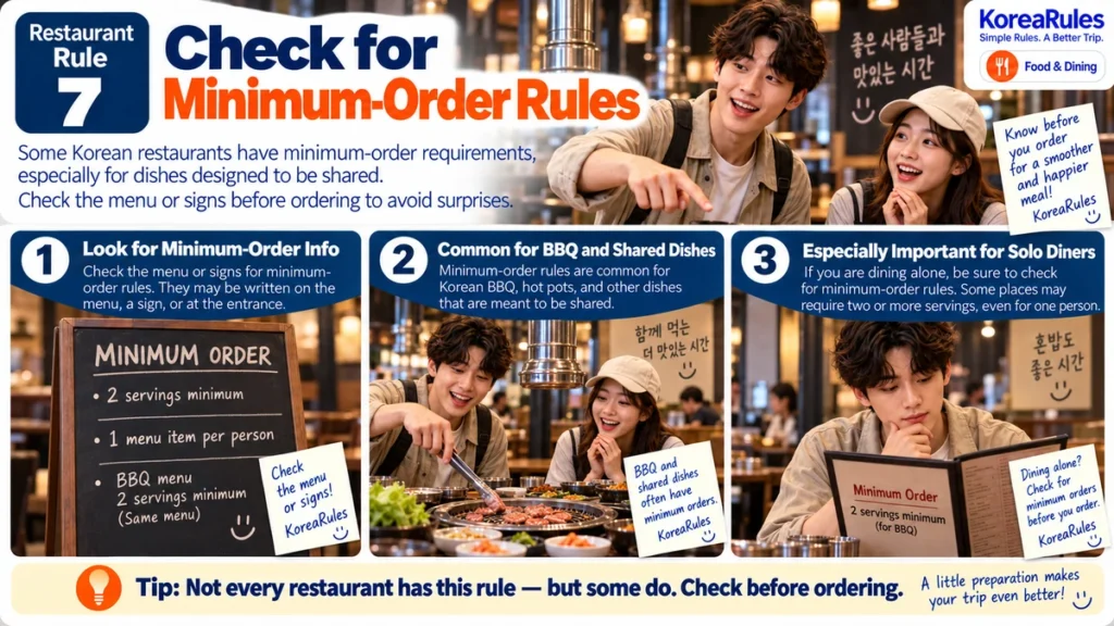 Minimum order rules for Korean barbecue and shared dishes