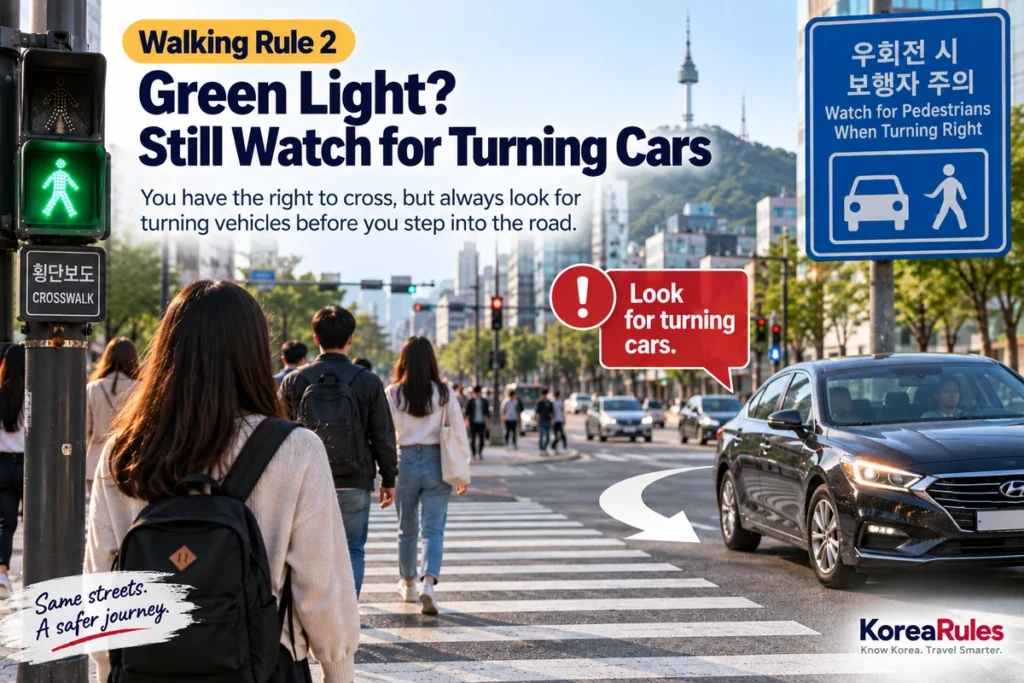 Pedestrians watching for turning cars at a Korean crosswalk