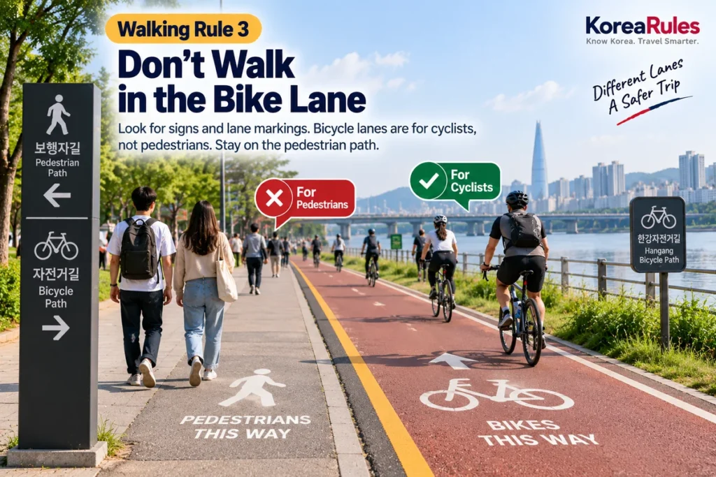 Separate pedestrian and bicycle paths along the Han River in Seoul