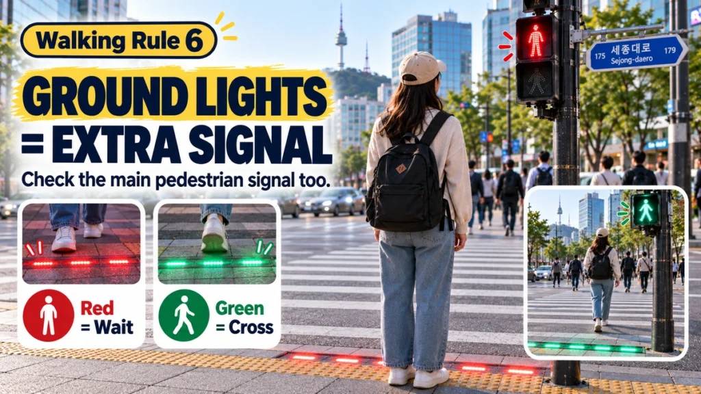 Red and green floor-level pedestrian signal lights at a Korean crosswalk