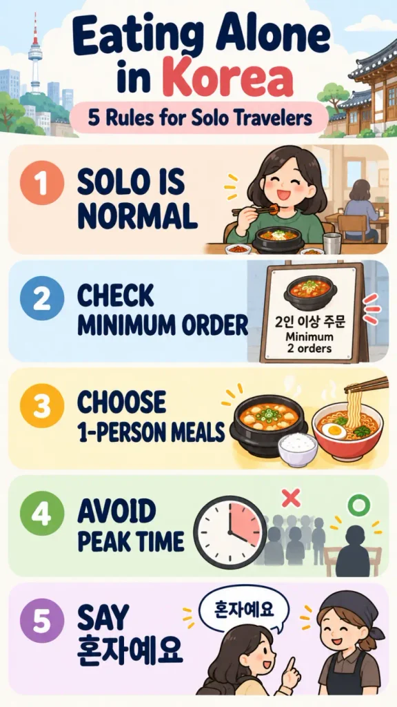 Vertical infographic showing five solo dining rules in Korea: eating alone is normal, check minimum orders, choose one-person meals, avoid peak times, and say honja-yeyo.