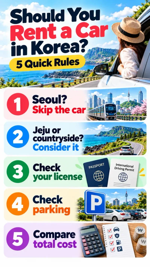 Vertical infographic showing five rules for renting a car in Korea: skip the car in Seoul, consider it for Jeju or the countryside, check your license, check parking, and compare total cost.