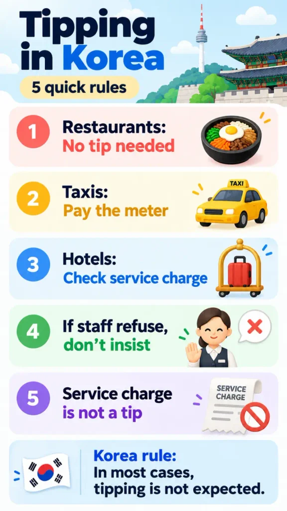 Vertical infographic showing five tipping rules in Korea for restaurants, taxis, hotels, refused tips, and service charges.